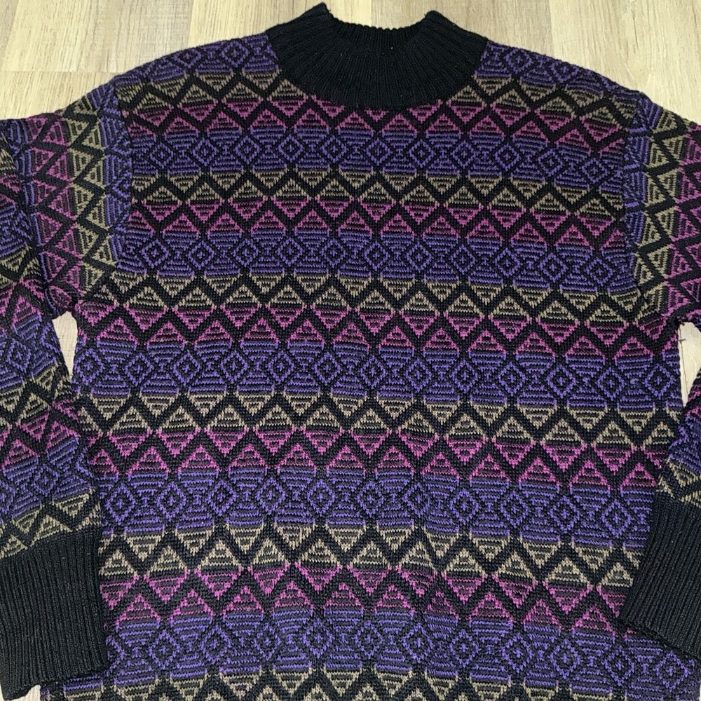 Vintage Meister Sweater Men L Purple Geometric Ski Aztec Wool Blend Hong Kong